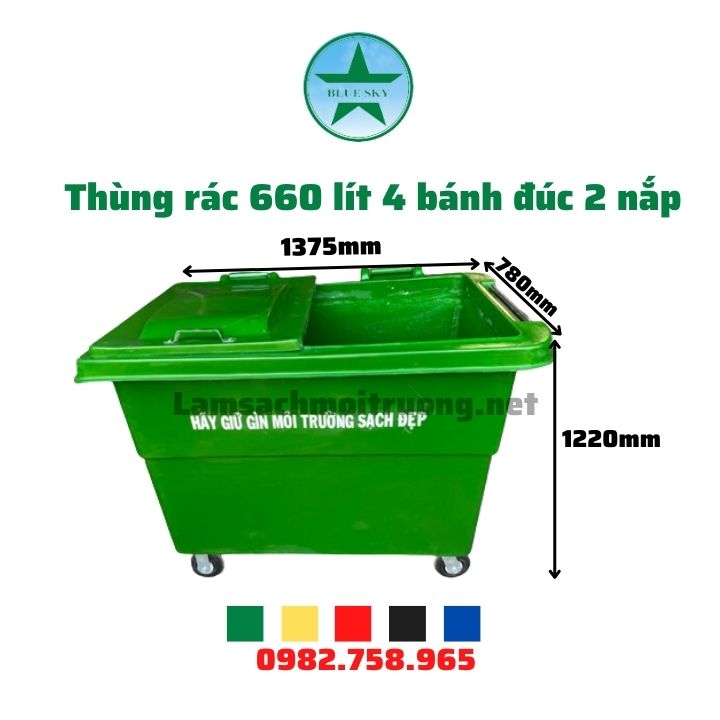 Thùng rác 660 lít 4 bánh đúc 2 nắp