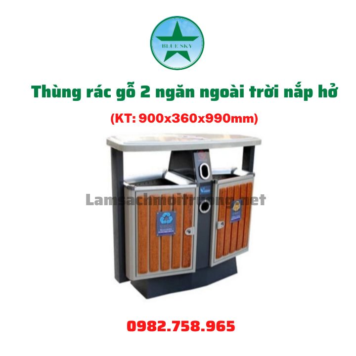 Thùng rác gỗ 2 ngăn ngoài trời nắp hở