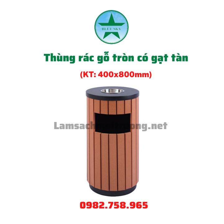 Thùng rác gỗ tròn có gạt tàn