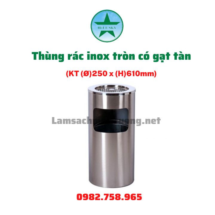 Thùng rác inox tròn có gạt tàn - 16 lít