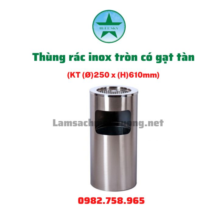 Thùng rác inox tròn có gạt tàn - 16 lít