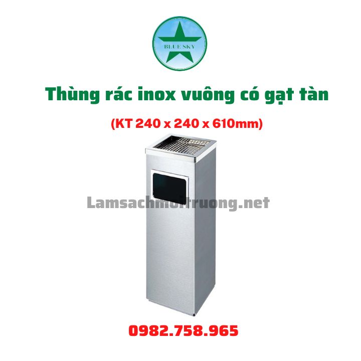 Thùng rác inox vuông có gạt tàn